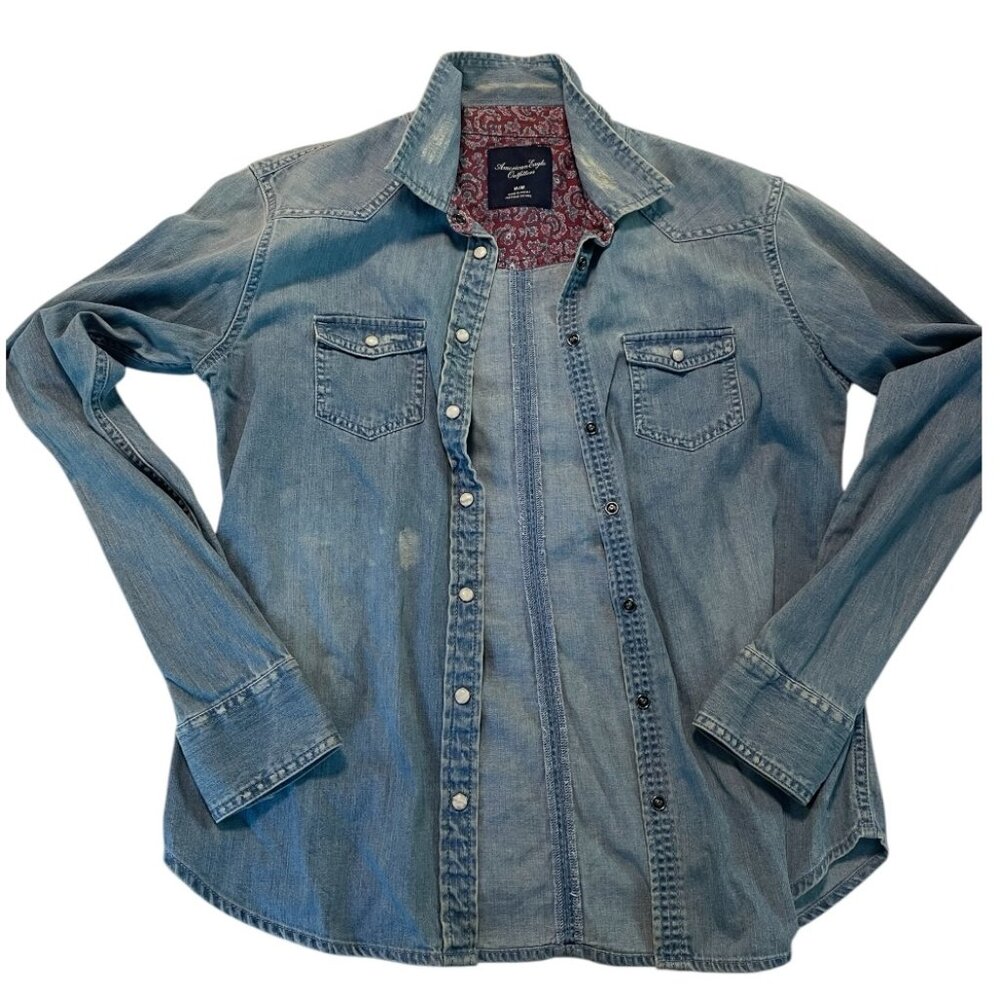 American Eagle Outfitters Distressed Denim Button-Up Shirt - Women's Medium
